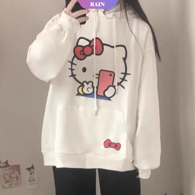 Moletom Canguru Com Capuz Feminino Kawaii Hello Kitty Pose Photo Blusa De Frio Inverno