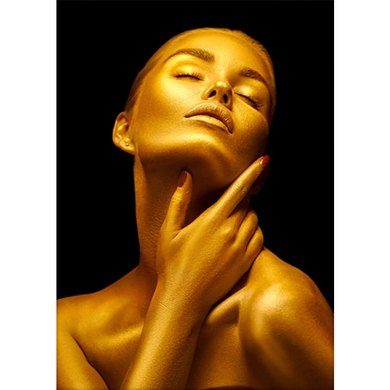 Kit Quadro Decorativo80x60 Mulher Dourada Pose Luzes