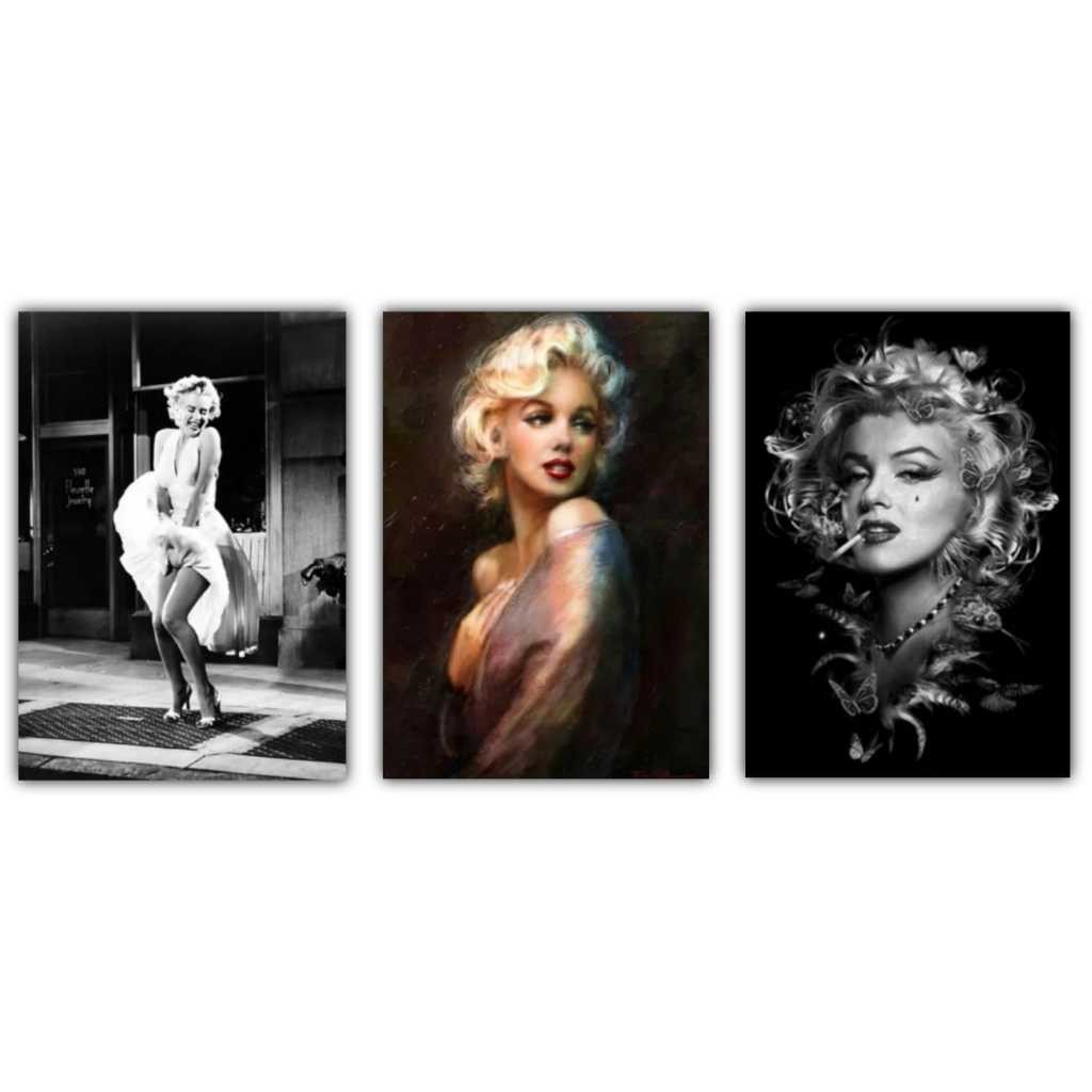 Quadro Mosaico 3 Peças Marylin Monroe Retrô Pin Up Poses Modelo Moda Para Sala Quarto