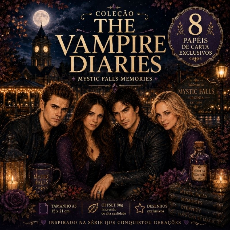 PAPEL DE CARTA THE VAMPIRE DIARIES | COLEÇÃO MYSTIC FALLS MEMORIES | 8 ESTAMPAS A5