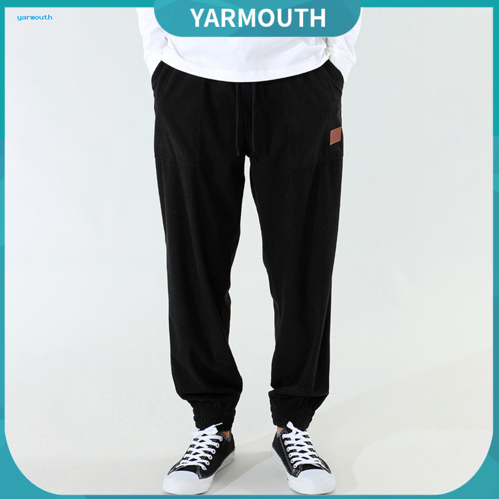 Men Casual Trousers Style Bottoms Men's Corduroy Pants with Side Pockets Elastic Drawstring Waist Straight Leg Thick Fab