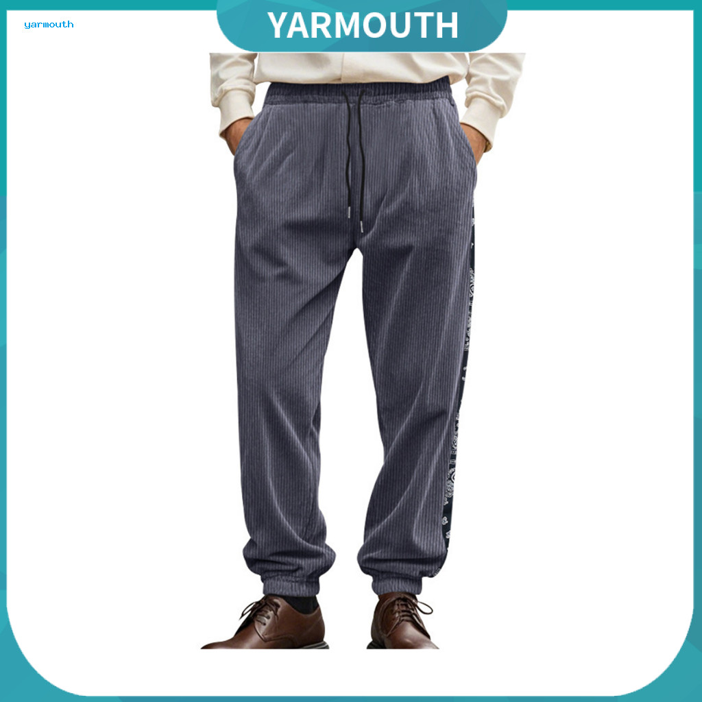 Men Sweatpants Drawstring Casual Pants Men's Elastic Waist Ankle-banded Loose Fit Corduroy with Cashew Flower Print –