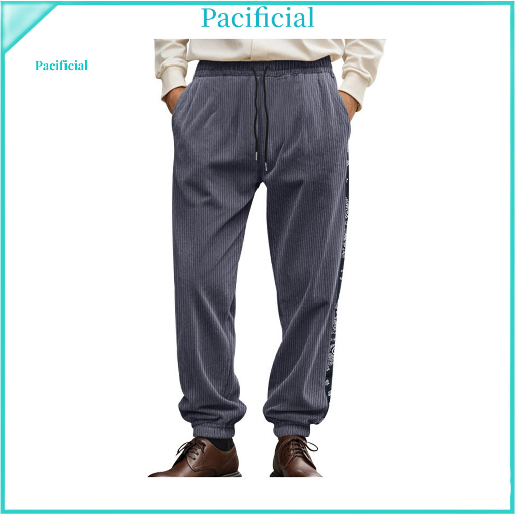 Cashew Flower Print Trousers Drawstring Casual Pants Men's Sweatpants Elastic Waist Ankle-banded Loose Fit Corduroy with