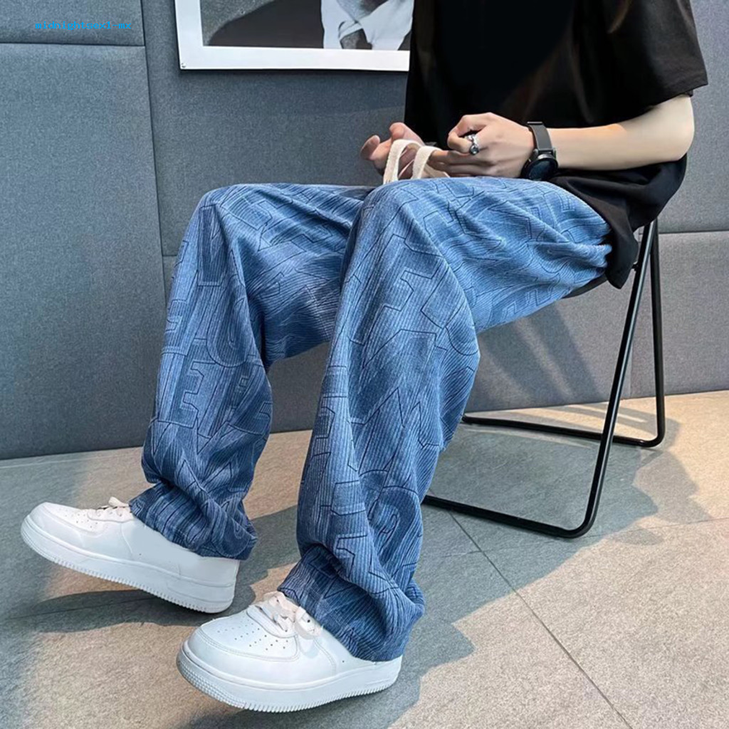 Men Versatile Pants Straight-legged Men's Casual Corduroy with Elastic Waist Adjustable Drawstring Wide Leg Pockets and