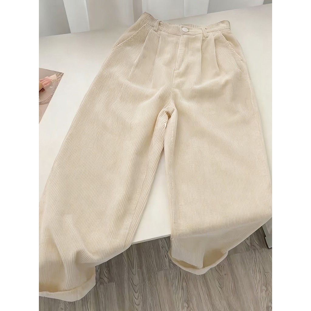 Calças de Corduroy Femininas de Cintura Alta, Calças de Perna Larga, Estilo Casual para Negócios, Calças Casuais Retas e