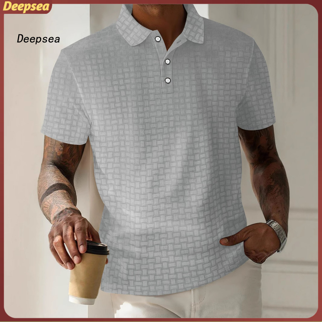 Men's Corduroy Short Sleeve Button Collar T-shirt Casual Lapel Pullover Tee Solid Color Summer Top for Daily Wear Sports