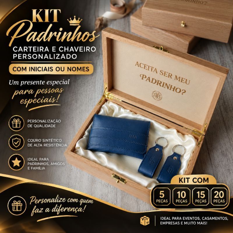 20 KIT Carteira + Chaveiro Personalizado para Padrinho Madrinha Convite Casamento