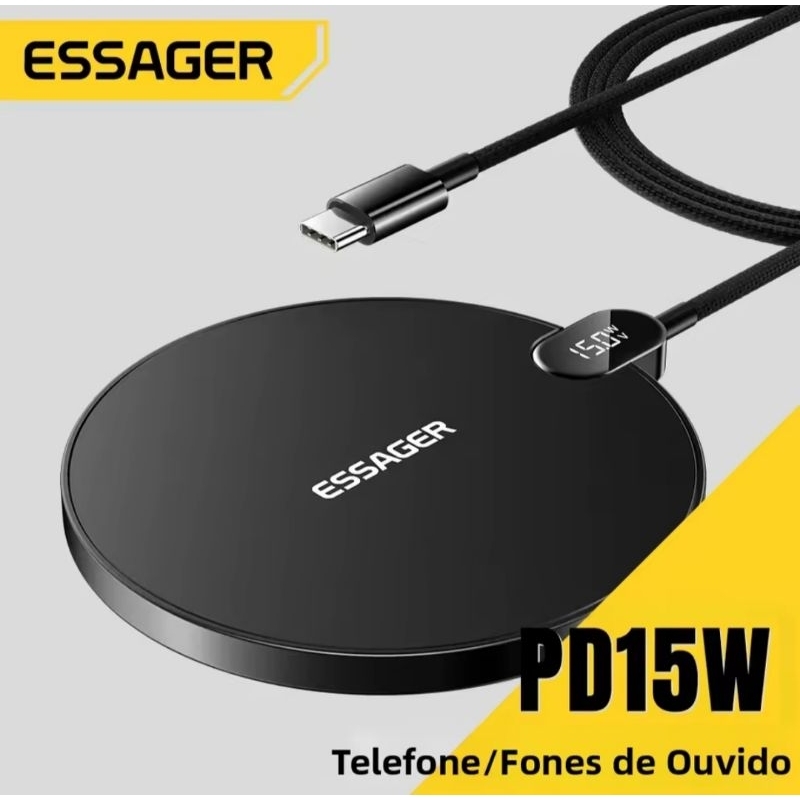 Carregador Sem Fio ESSAGER Original 15W Turbo Wireless Charger Rápido com Display Digital | iPhone Samsung Xiaomi Qi