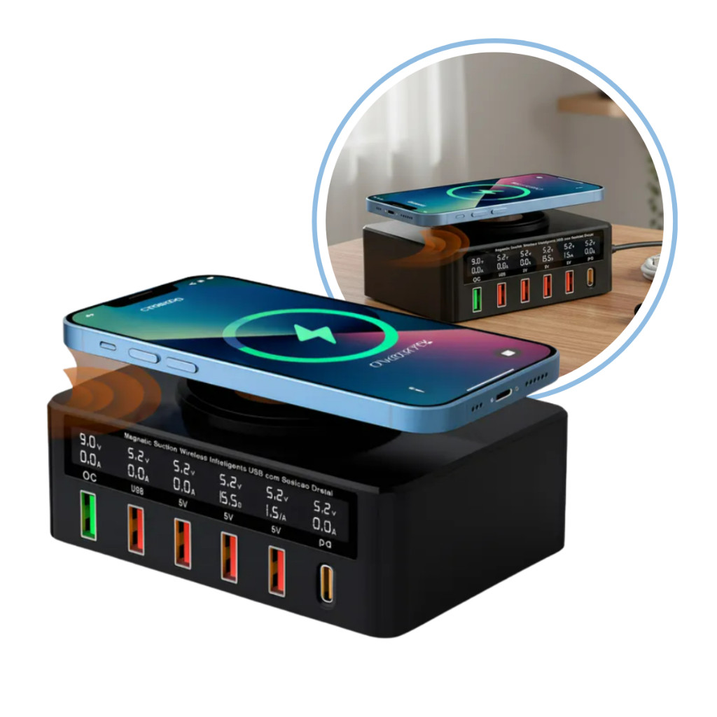 Carregador Inteligente Indução Charger USB 65 W 6 Portas Wireless Display Digital Bivolt