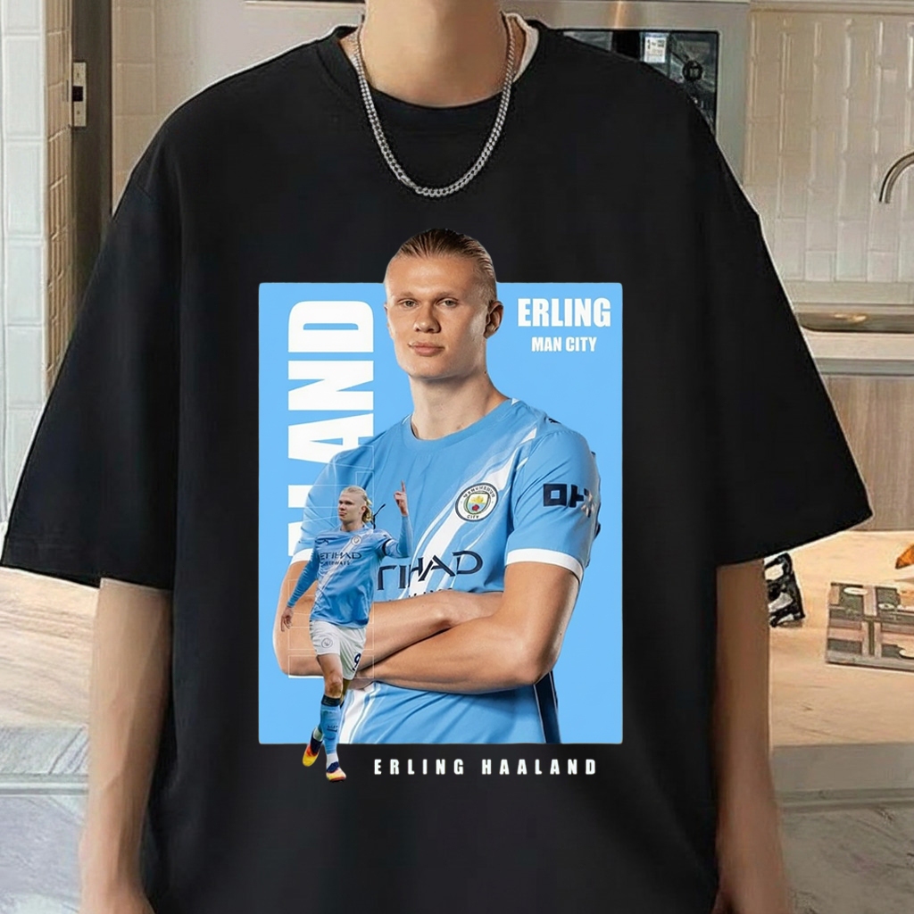Harrald Manchester Print T-Shirt - Premier League star Erling Haaland theme - Loose cotton long-sleeved fan t-shirt