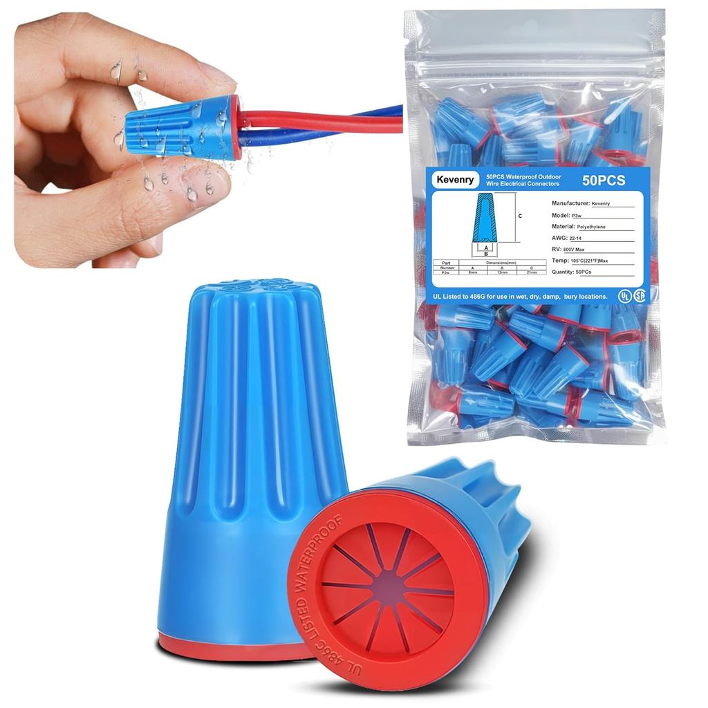 50PCS Waterproof Wire Electrical Connectors 22AWG-14AWG,Outdoor Seal Electrical Twist Nuts Caps Cable Terminal Connector