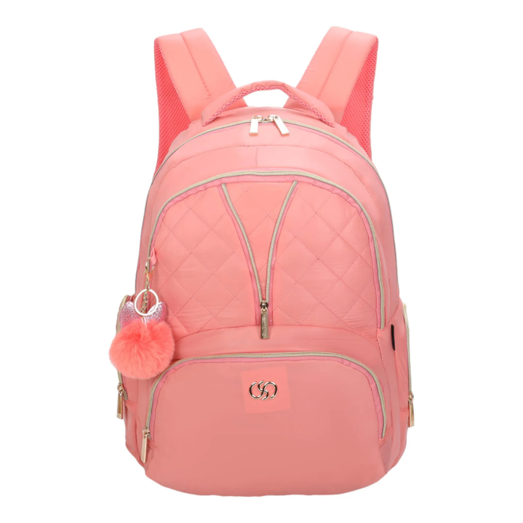 Mochila Escolar Para Menina De Costas Rosa Claro Salmão Couro Acetinado Feminina