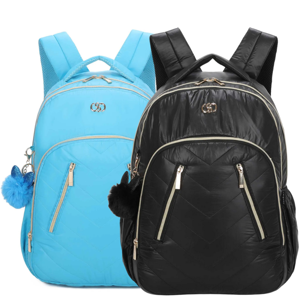 Mochila Escolar Para Menina De Costas Azul Claro Ou Preto Couro Acetinado Feminina