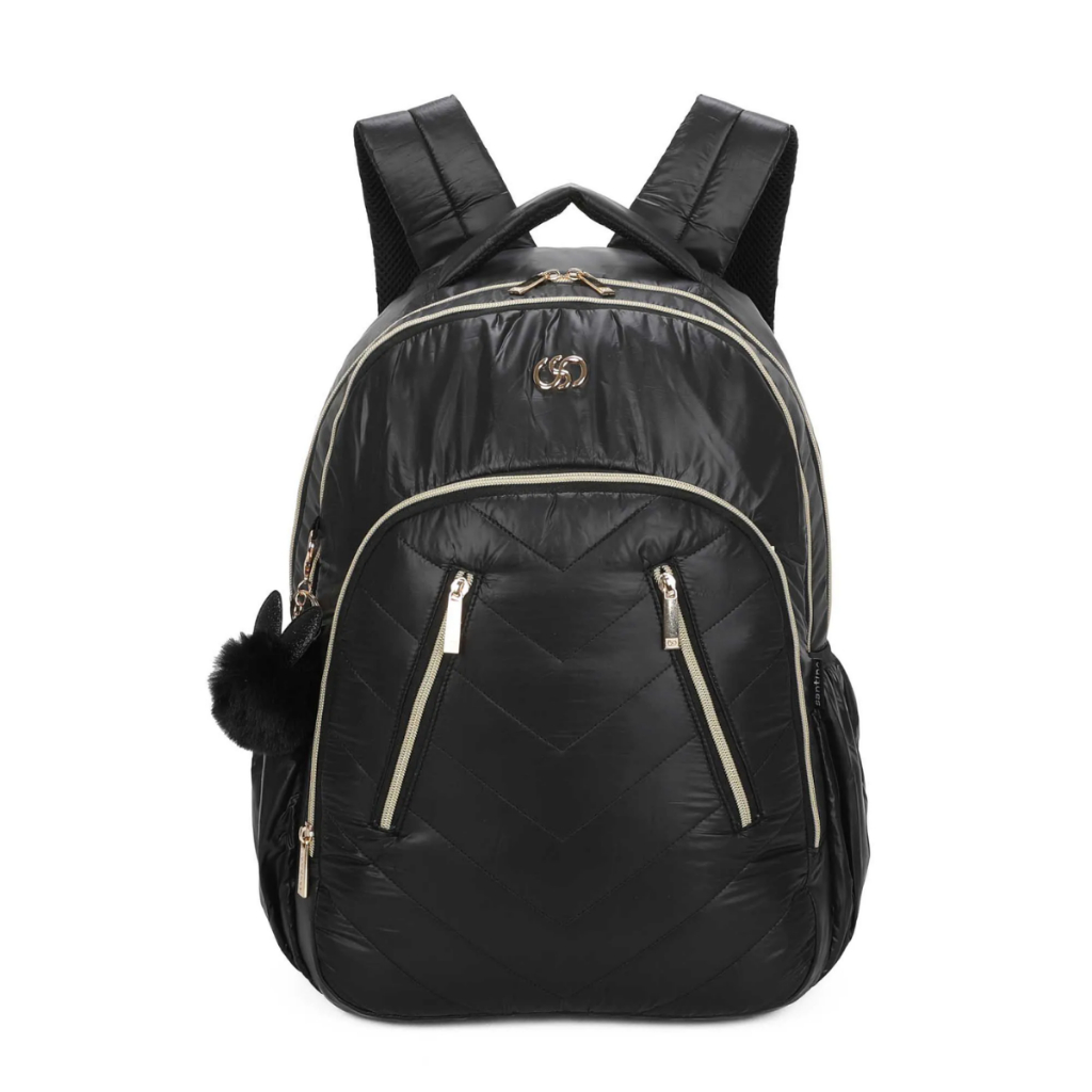 Mochila Escolar Para Menina De Costas Preta Couro Acetinado Feminina Meghan
