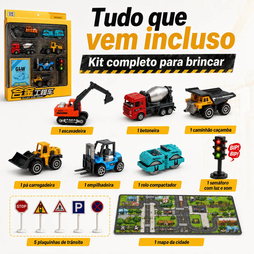Kit Carrinhos Construção Metal Escavadeira Trator 3 em 1 Veículos Amarelo Brinquedo Infantil Presente