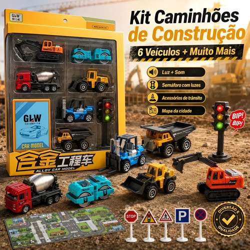 Kit 6 Carrinhos de Construção em Metal 1:64 Caminhões de Obras 164 Amarelo Brinquedo Infantil Presente