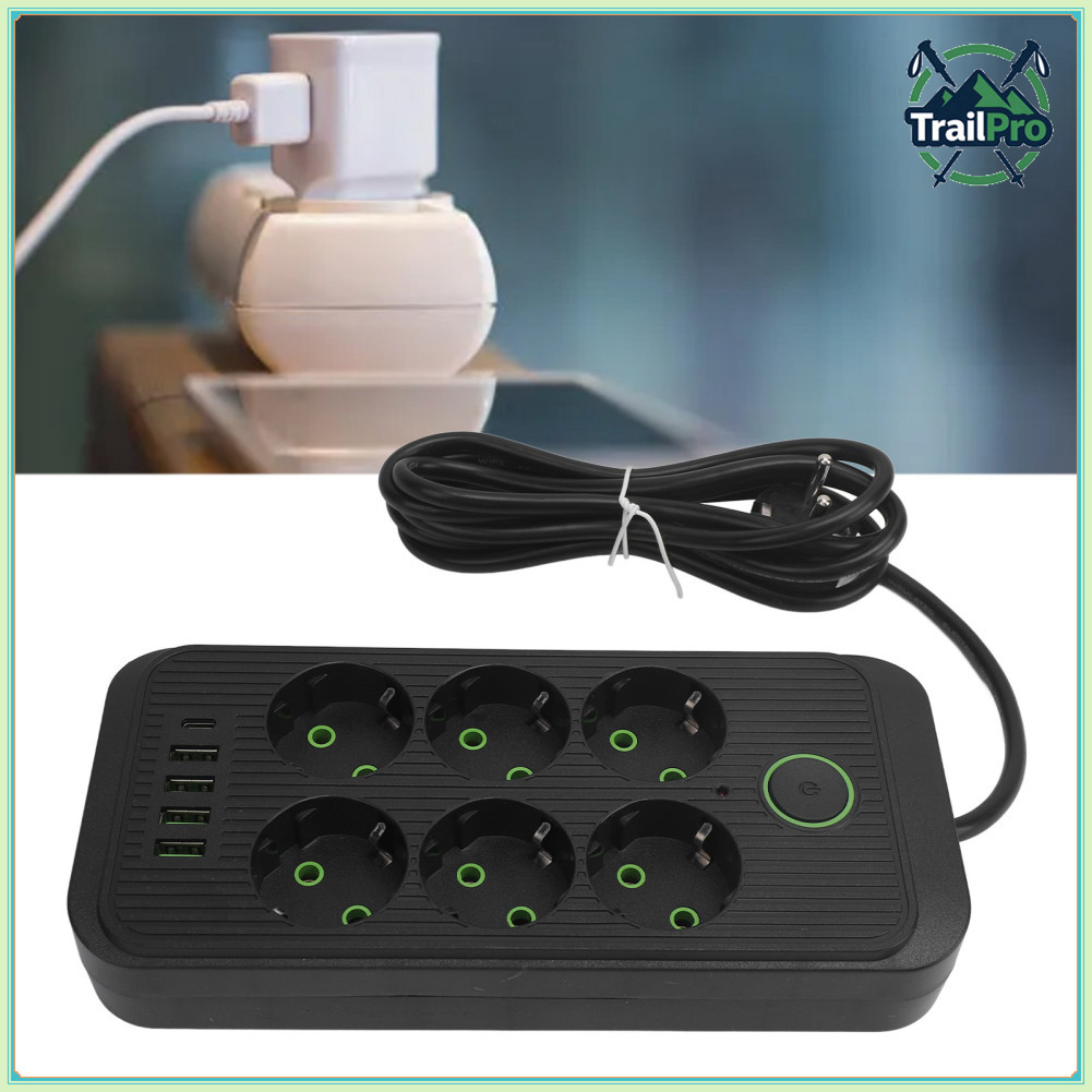 TrailPro Power Strip de 6 vias com 4 USB e 1 porta Type C Padrão Europeu Tomada Switch Cabo de 2 metros
