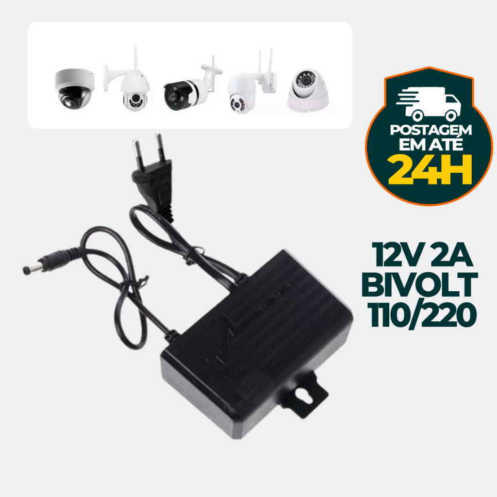 Fonte Para Câmera De Segurança Wifi Externa Adaptador À Prova De Água 12V 2A Bivolt 110/220V