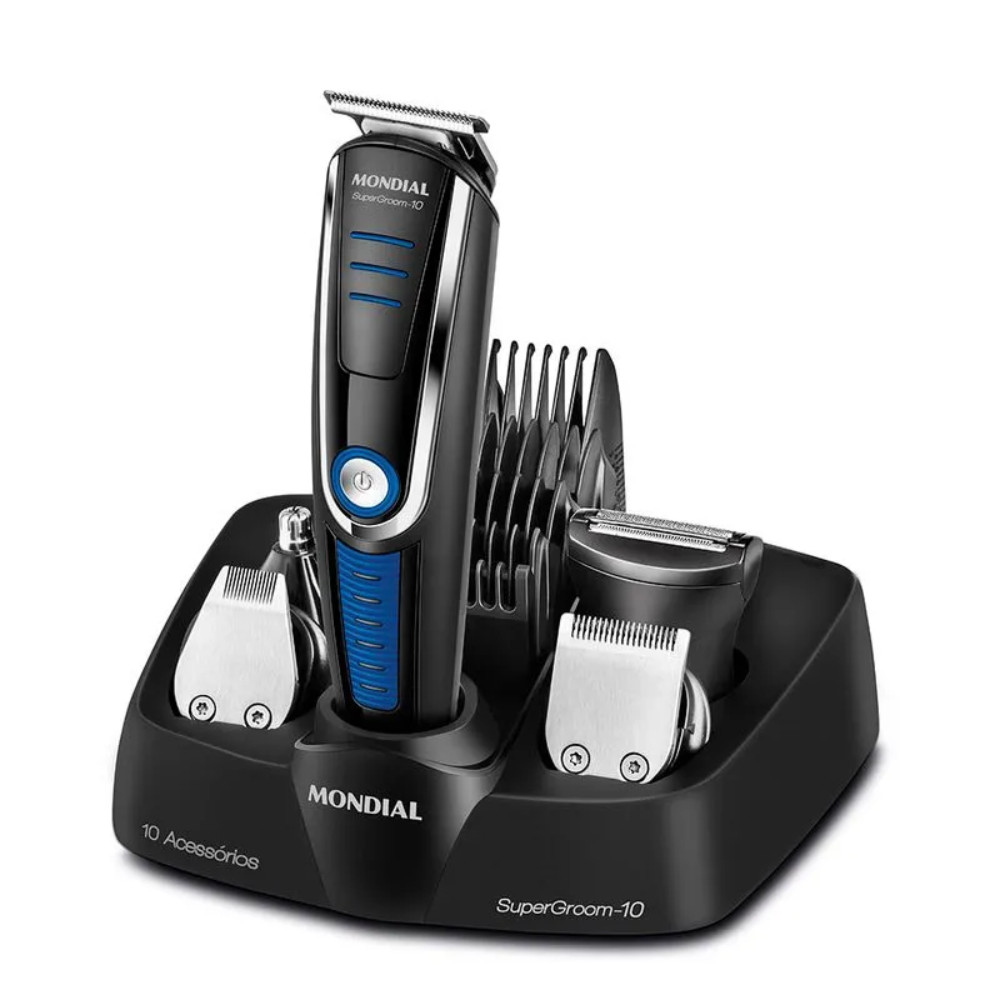 Aparador de Pelos Mondial Super Groom 10 BG-03 Bivolt: 10 em 1, Lâminas em Inox, Base Organizadora e Bateria Recarregáve