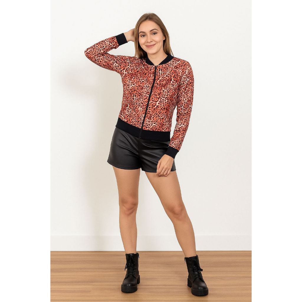 Jaquetinha Feminina Casaco Estampa Animal Print de Onça Malha Crepe Frio
