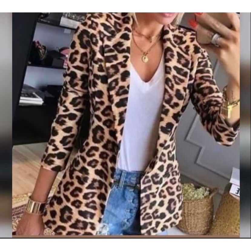 Blazer Blaser Maxi Longo Bengaline Animal Print Onça Moda Feminina Laicra