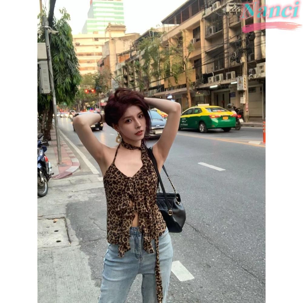 NANCI Leopard Print Neck Sling , Summer Spice Girl Sweet Cool Vest , Temperamento Slim Casual Curto Top Feminino