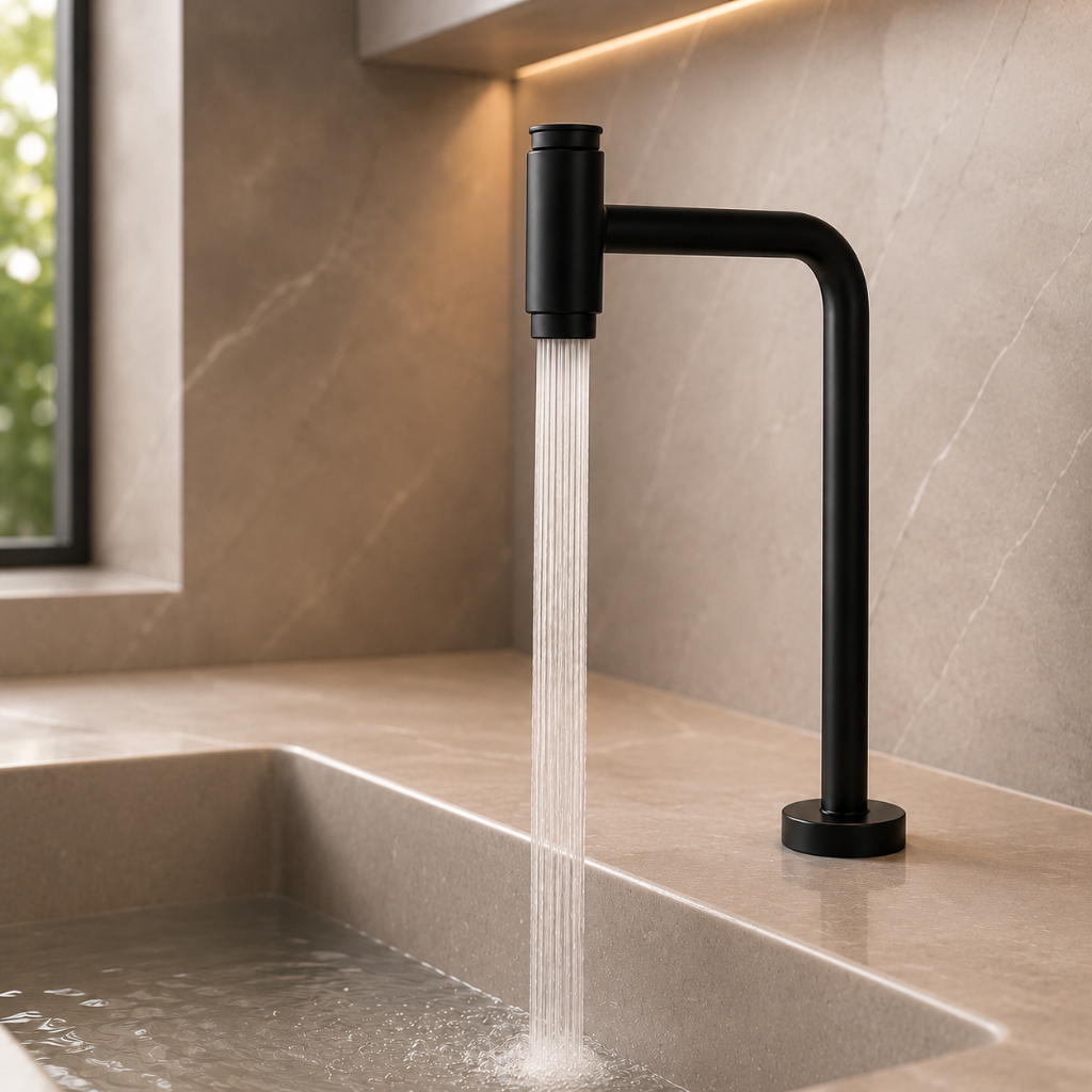 Torneira de Mesa Bancada Alta | Preta | Em Aço Inox Modelo Push com Acionamento por Botão, Bica Alta Giratória