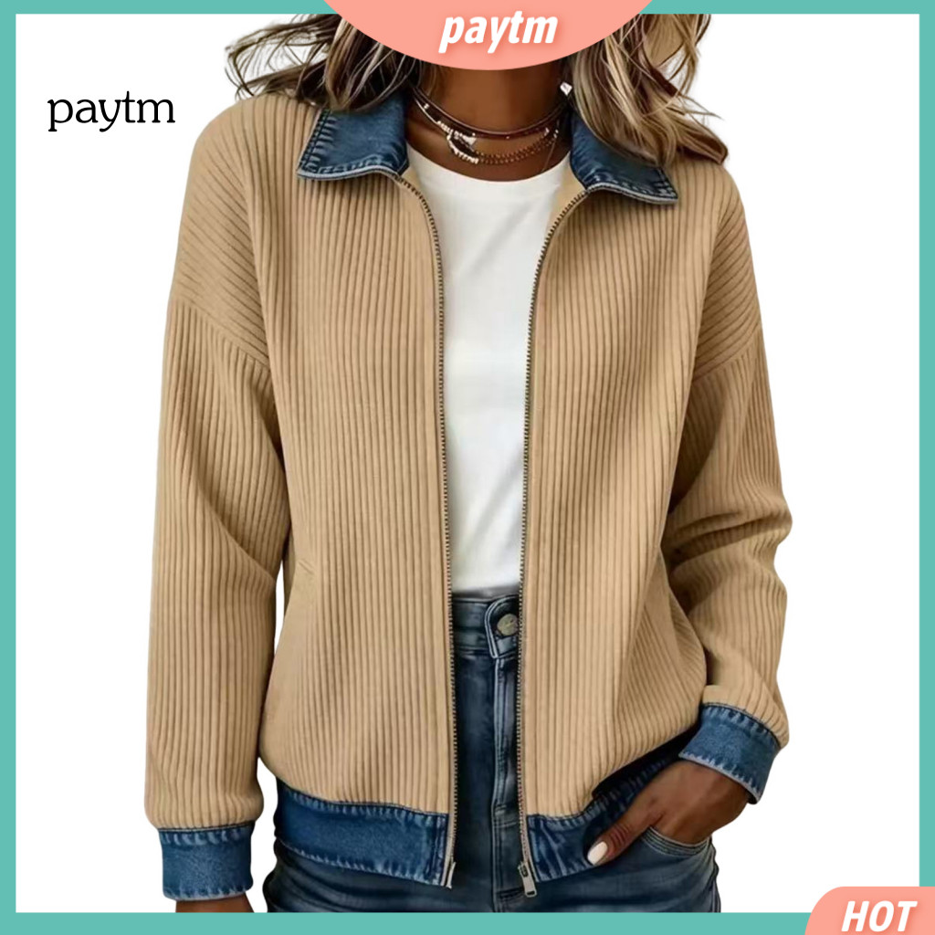 Dropped Shoulder Streetwear Women Corduroy Jacket Women’s Denim Zip-up Long Sleeve Fall Winter Coat with Contrast Turn