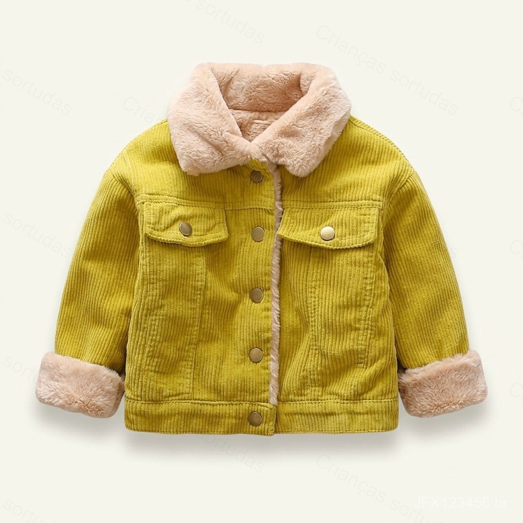Jaqueta Infantil de Corduroy Forrada com Lã de Cordeiro Sintética, Design com Dois Bolsos, Roupa Quente para Outono e In