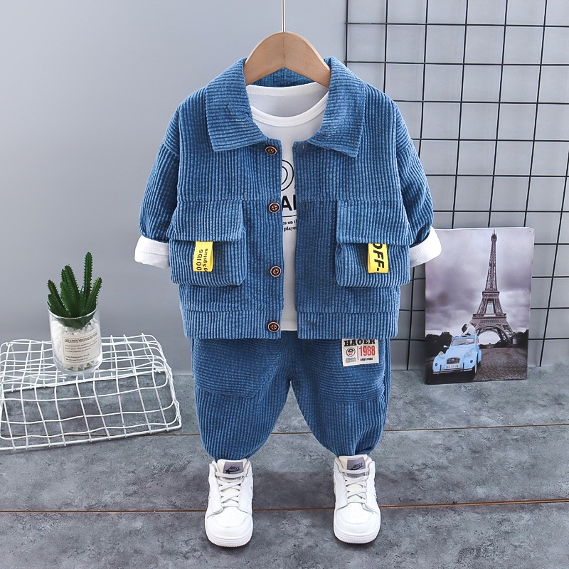 Crianças Primavera/Outono Moda Bonito Terno de Corduroy Meninos Urso Casaco+Camiseta+calças 3-peça Outfit 9 Meses-5 Anos