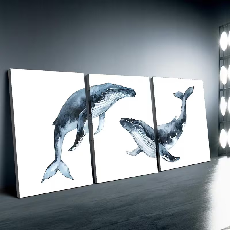 Kit 3 Quadros Decorativos Baleias Jubarte Fundo do Mar Minimalista Clean Decoração Sala Quarto