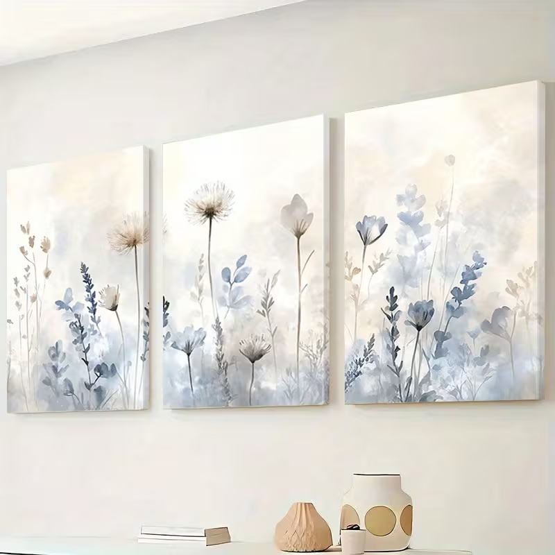 Kit 3 Quadros Decorativos Flores do Campo Aquarela Botânico Delicado Clean Sem Furar Parede