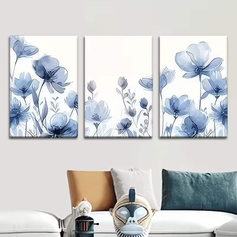 Kit 3 Quadros Decorativos Flores Azuis Aquarela Floral Clean e Delicado Sem Furar Parede