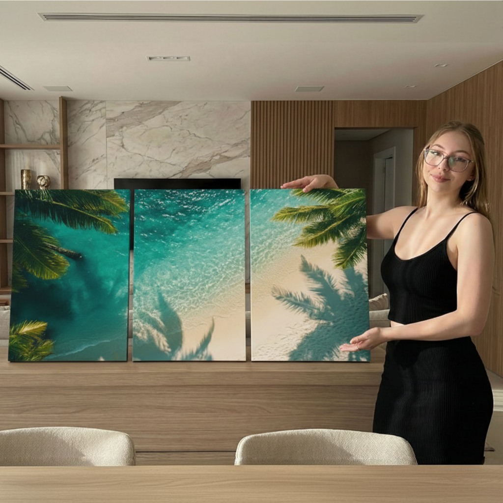 Kit 3 Quadros Decorativos Praia Mar Cristalino e Coqueiros Tropical Verão Clean Decoração Sala
