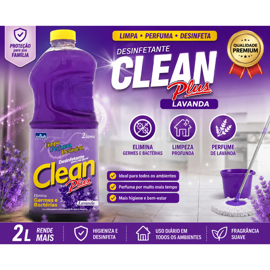 Desinfetante Clean Plus 2 Litros Lavanda | Limpa, Perfuma e Desinfeta