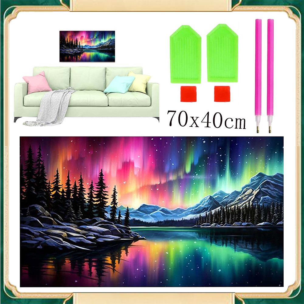Kit de pintura com diamantes DIY Aurora Glow in the Night Forest 70x40cm Pintura de paisagem   Pintura de floresta