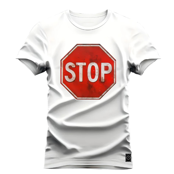 Camiseta Masculina Estampa Placa Stop Tecido Premium 100% Algodão