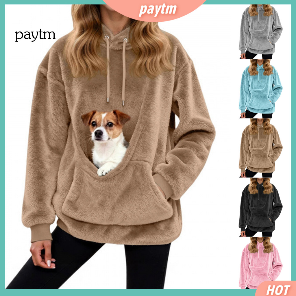 Oversized Pet Pouch Hoodie Winter Women’s Fuzzy with Kangaroo – Cozy Dog Cat Carrier Pullover for Fall Comfortable f
