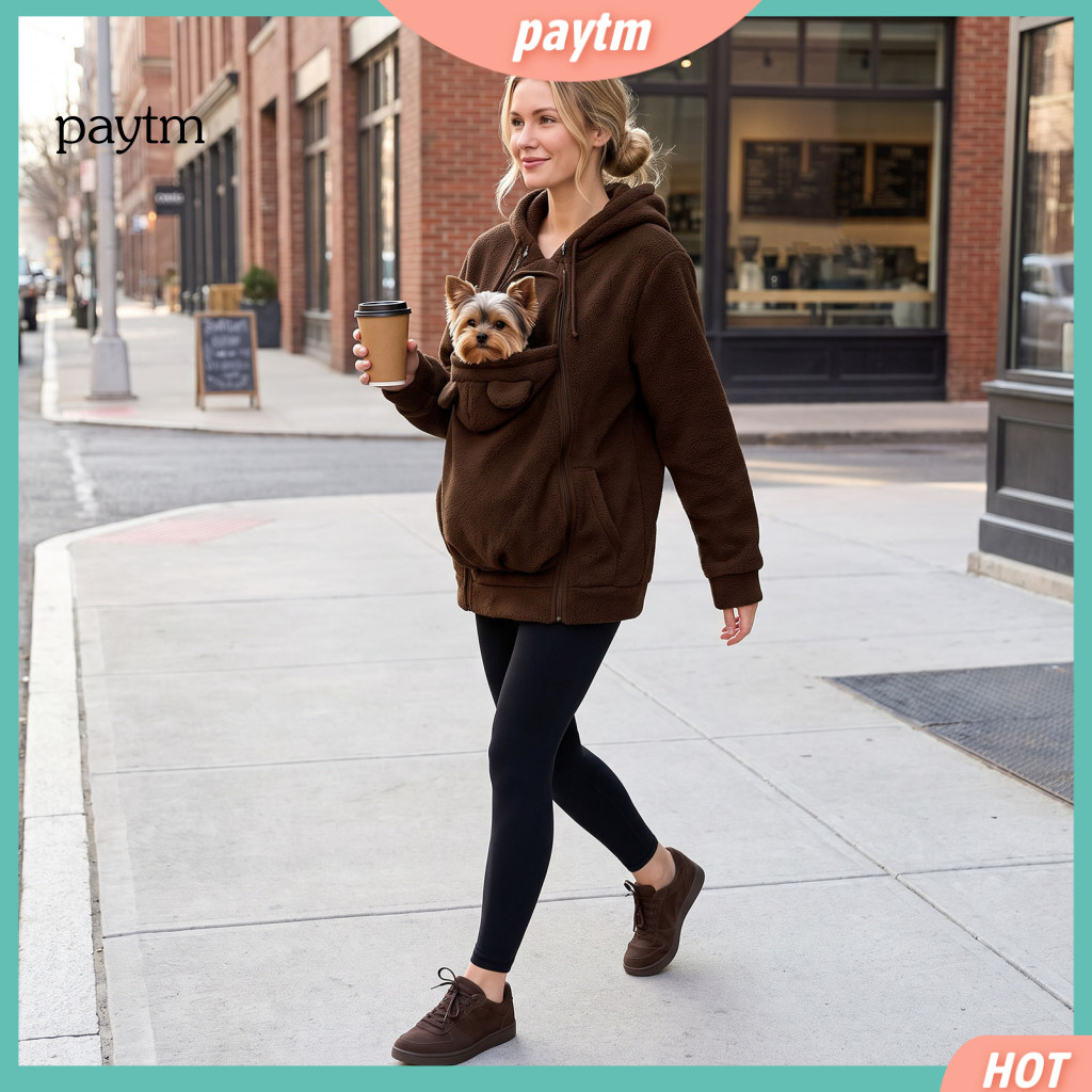 Pet Pouch Hoodie Soft Women’s Carrier with Zip-up Warm Fleece Pullover for Fall Winter Cute Cat Dog Pocket Sweatshirt