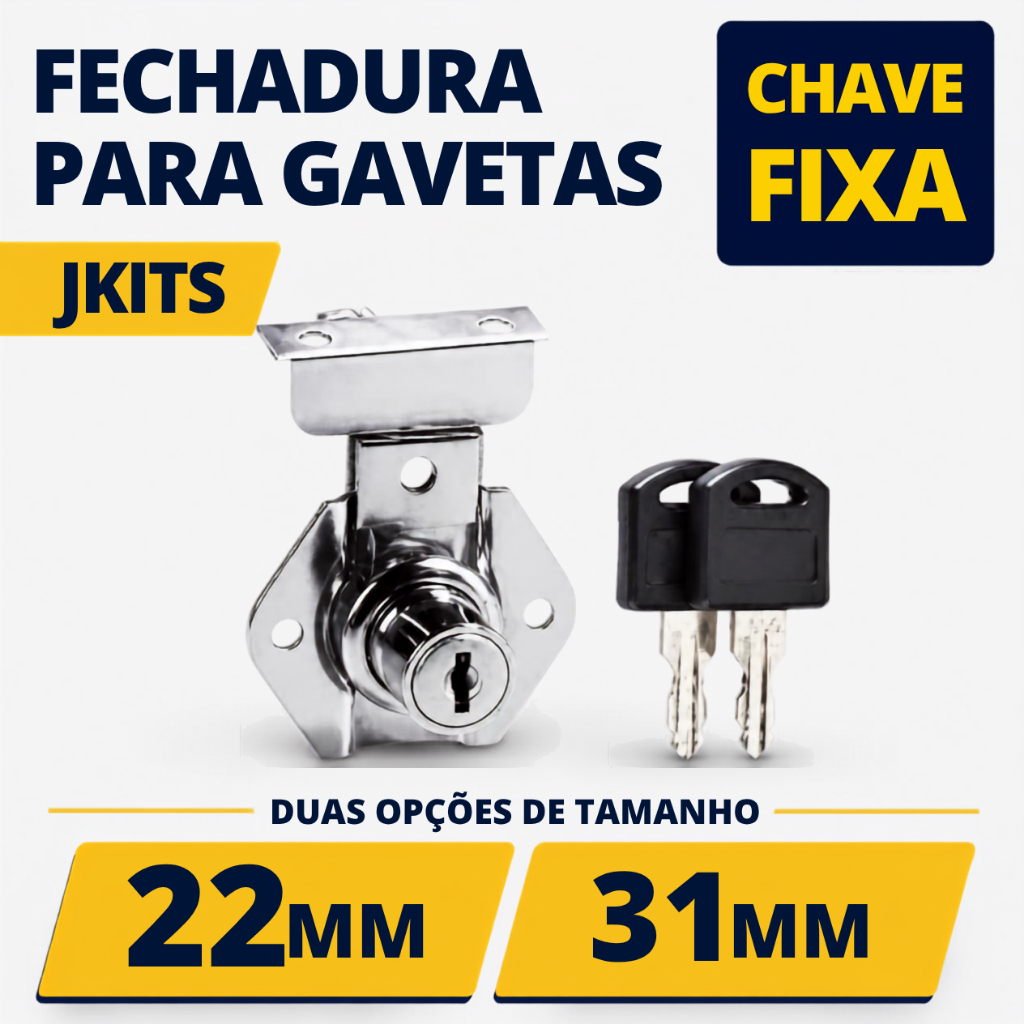Fechadura Cromada para Gaveta 22mm ou 31mm com Chave - Fechadura de Embutir para Móveis e Armários