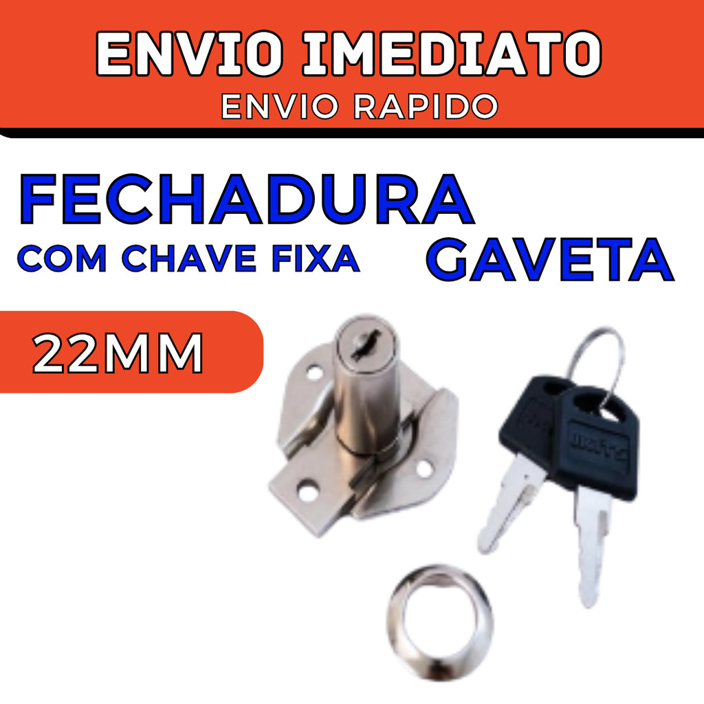 Fechadura para gaveta cromada com chave fixa 22mm