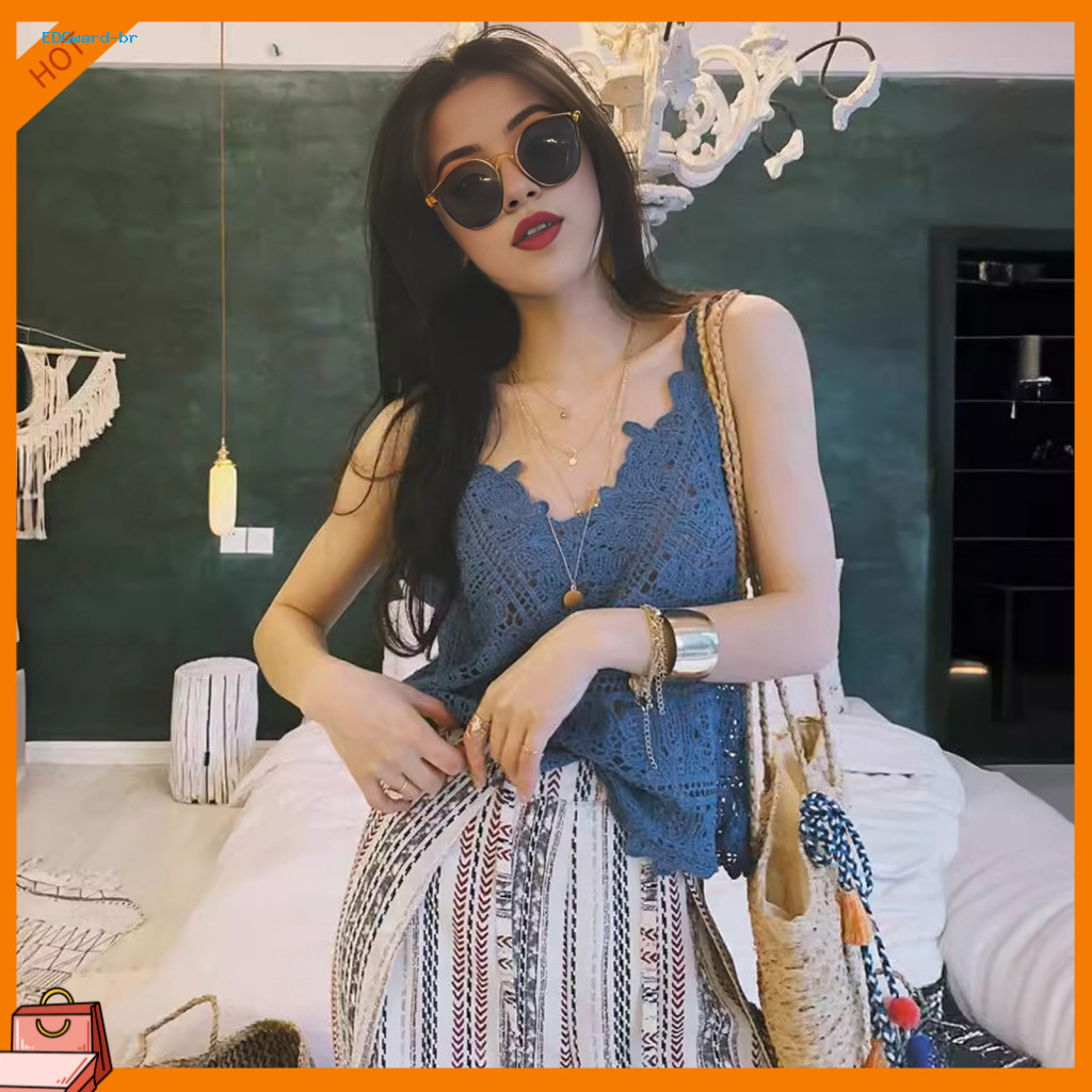 Sleeveless Lace Blouse Camisole Women Summer V-neck Crochet Knit Vest Top Hollow Sling Tank Lightweight Solid Color Stre