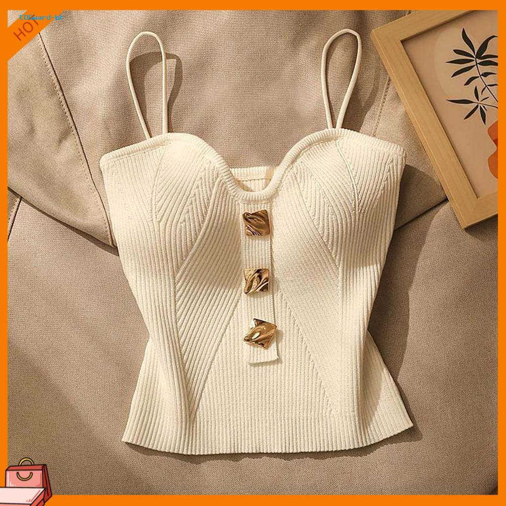 Sleeveless Top Women Vest Women’s Knitted Crop Spaghetti Strap V Neck Padded Backless Camisole with Button Decor – E