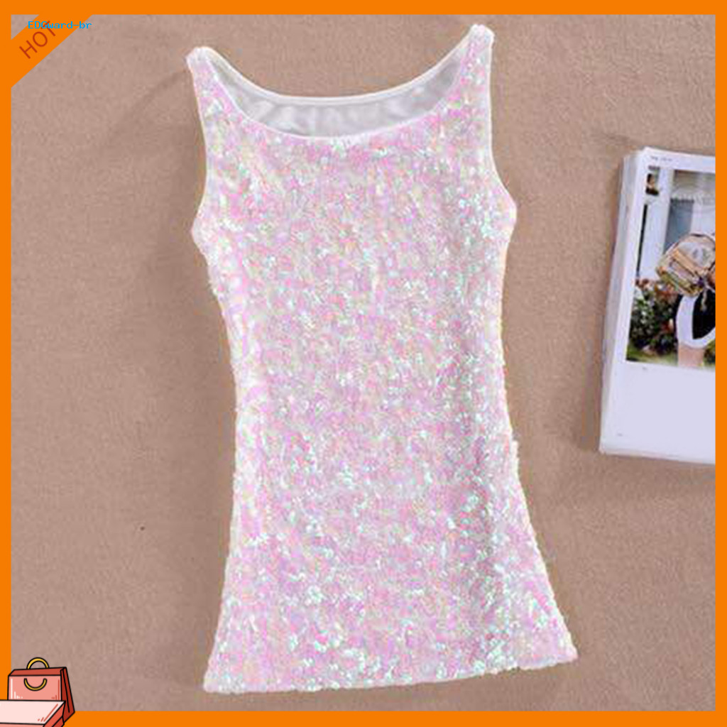 Sparkling Sequin Top Slim Fit Tank Women’s Summer O-neck Pullover Soft Elastic Stage Performance Vest Shirt for Party