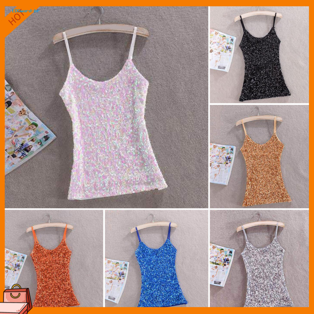 Shimmering Sequin Outfit Suspender Dress Women’s Summer Vest Top Adjustable Spaghetti Straps Slim Fit O-neck Sparkling