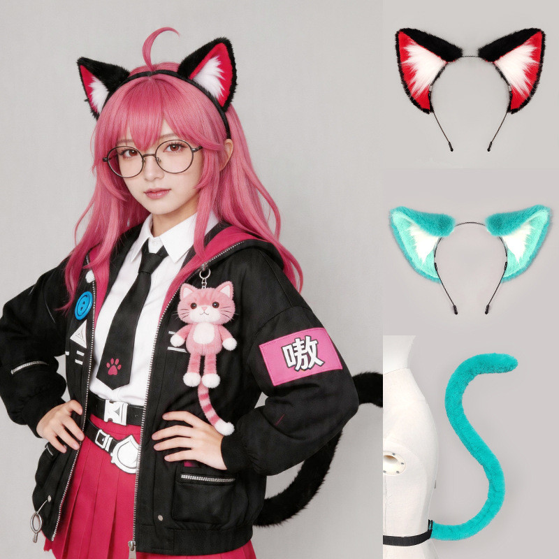 Tiara de orelhas de gato de menta NanaLi feita à mão, acessório de cosplay para apresentações em feiras de anime, conjun