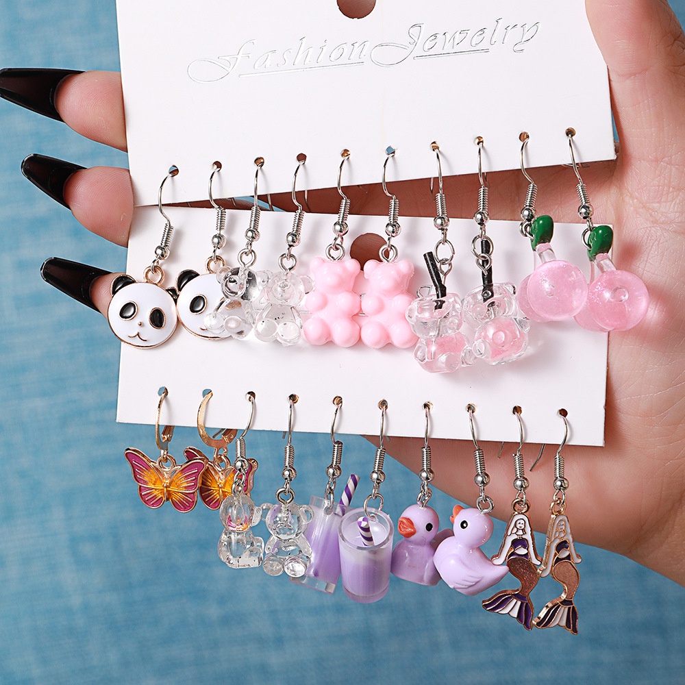 5 Pares/set Cute Creative Panda Rabbit Cherry Pendant Brincos Para Menina Borboleta Pato De Urso Transparente Jóias