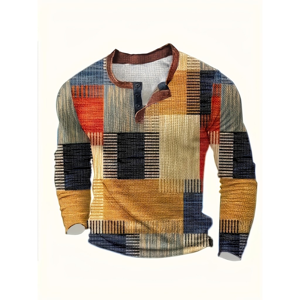 Masculino Waffle 3D Digital Print Outdoor Casual Henry Camisa