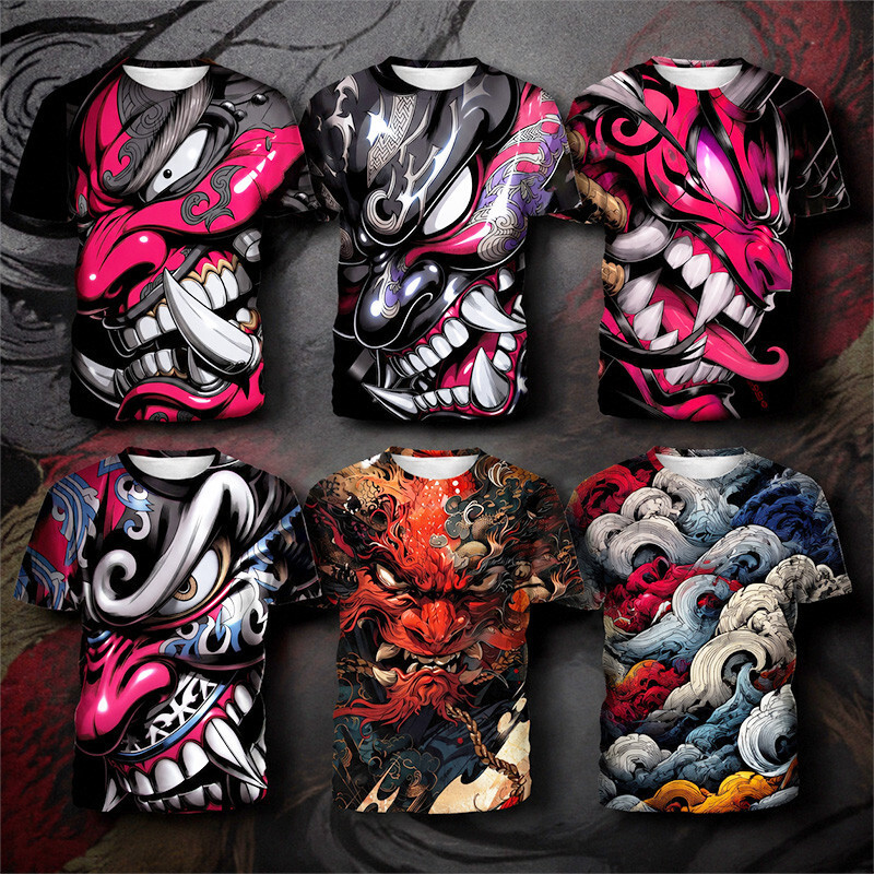 Estilo Japonês Prajna Ghost Face Full Print Camiseta De Manga Curta Nacional Trendy Mítico Beast Totem Impressão Digital