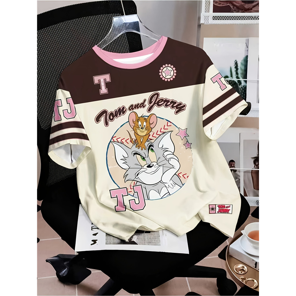 TOM & JERRY Series 3D Digital Print Top De Manga Curta , Camiseta Casual Diária Confortável